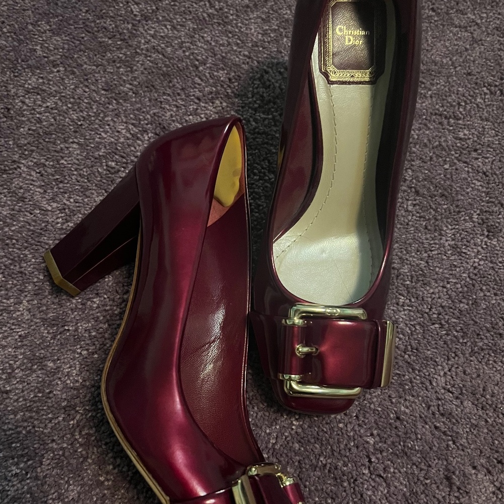Christian Dior Red Chunky Heels with Gold Buckle